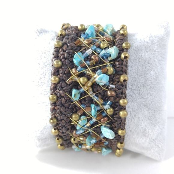 Wide Cuff Brown Bracelet Blue Gemstones & Seed Beads - Picture 1 of 8